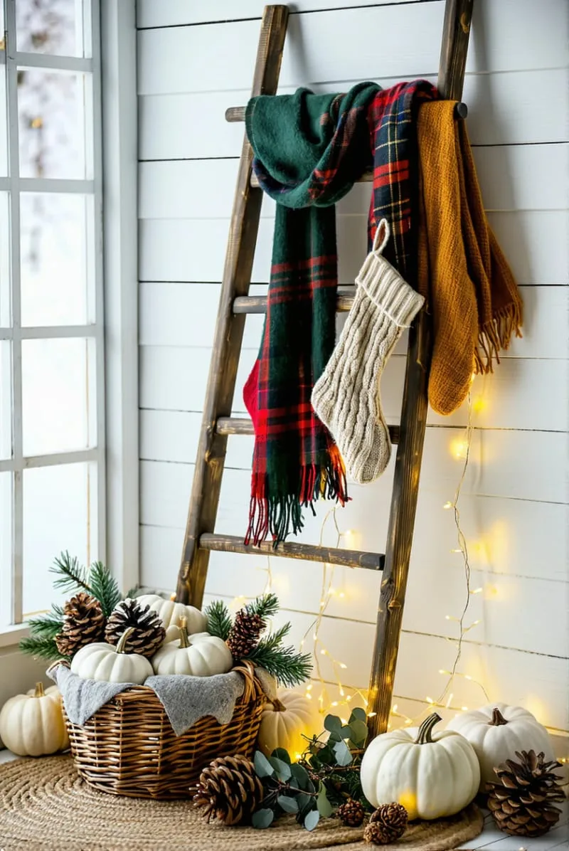 rustic ladder draped in plaid scarves and chunky knit stockings 1 rustic ladder draped in plaid scarves and chunky knit stockings 1