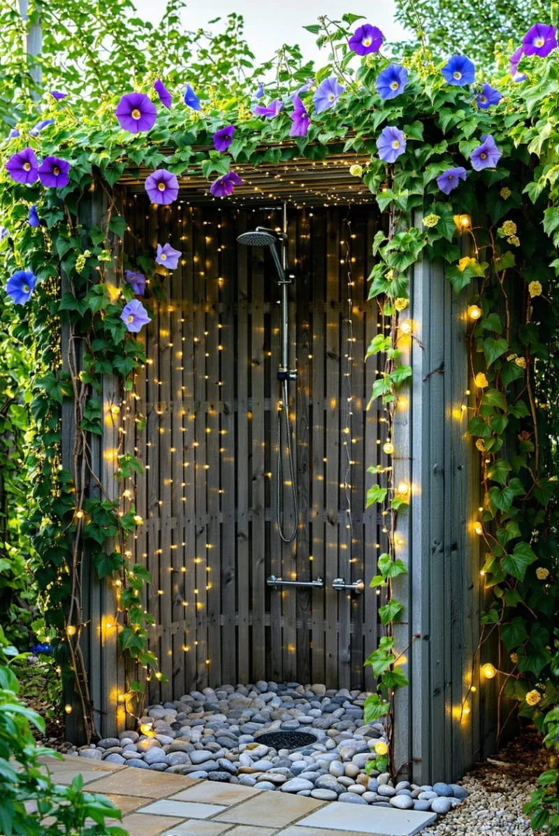 rustic pallet shower enclosure with climbing morning glories and fairy lights 1