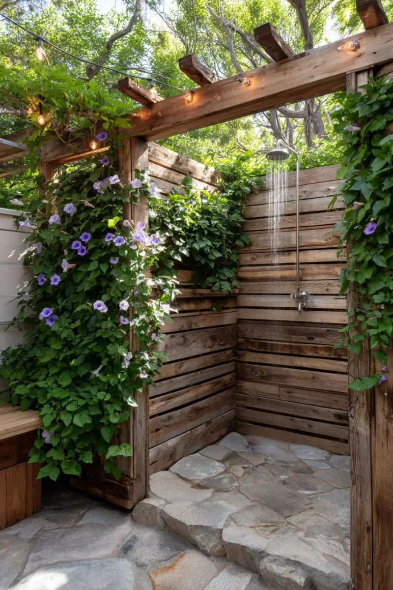 rustic pallet shower enclosure with climbing morning glories and fairy lights 1