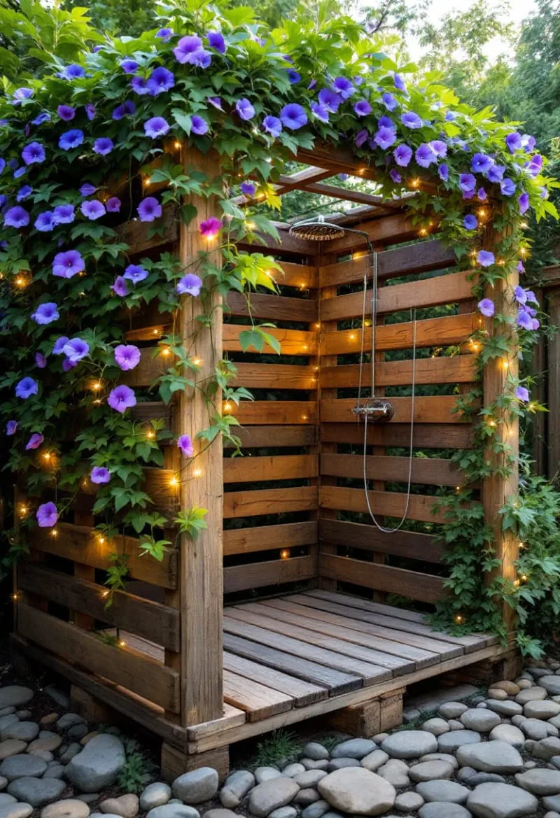 rustic pallet shower enclosure with climbing morning glories and fairy lights 1