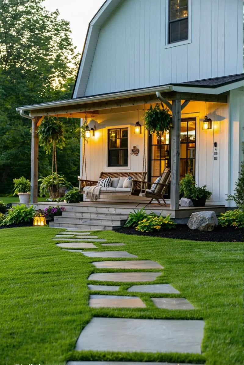 rustic stone pathway leading to a cozy front porch swing 1