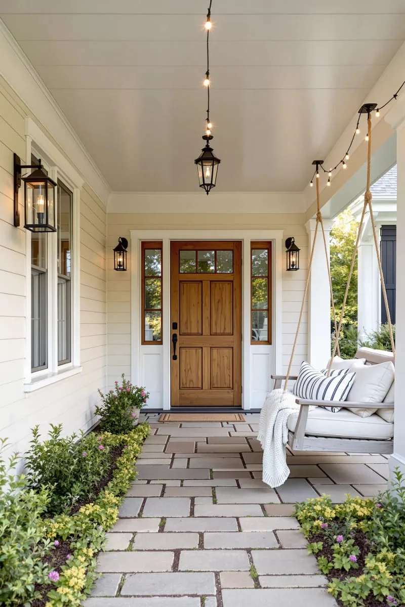 rustic stone pathway leading to a cozy front porch swing 1