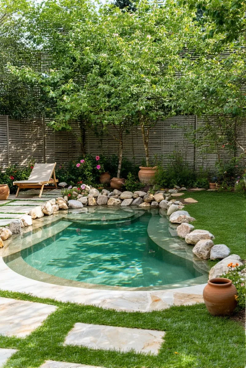 rustic-style plunge pool with stacked stone accents and wildflowers 1