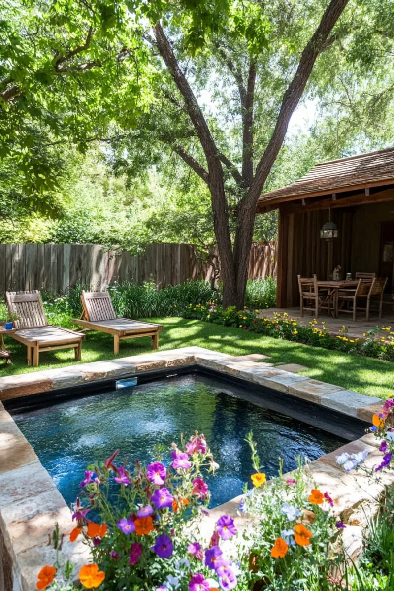 rustic-style plunge pool with stacked stone accents and wildflowers 1