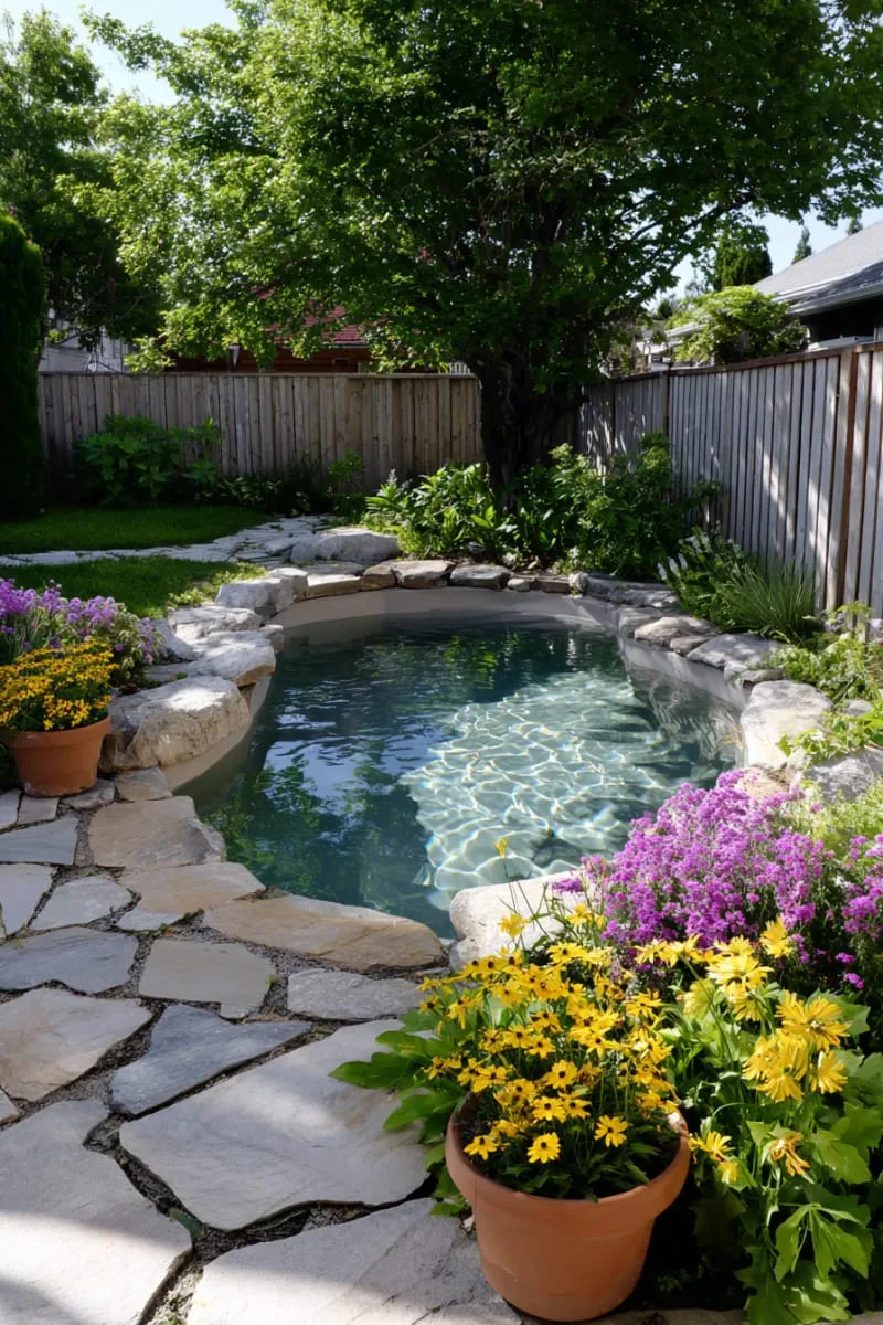 rustic-style plunge pool with stacked stone accents and wildflowers 1