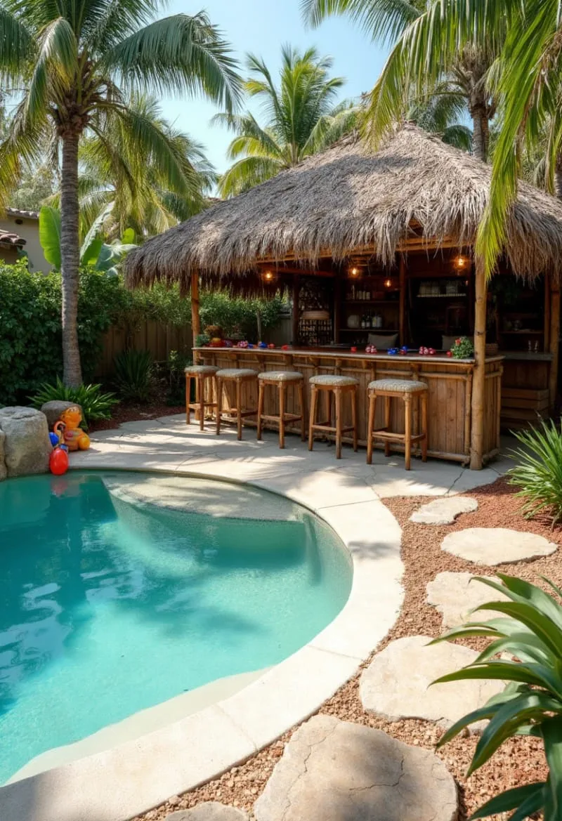 rustic tiki bar with straw roof beside the pool’s edge 1