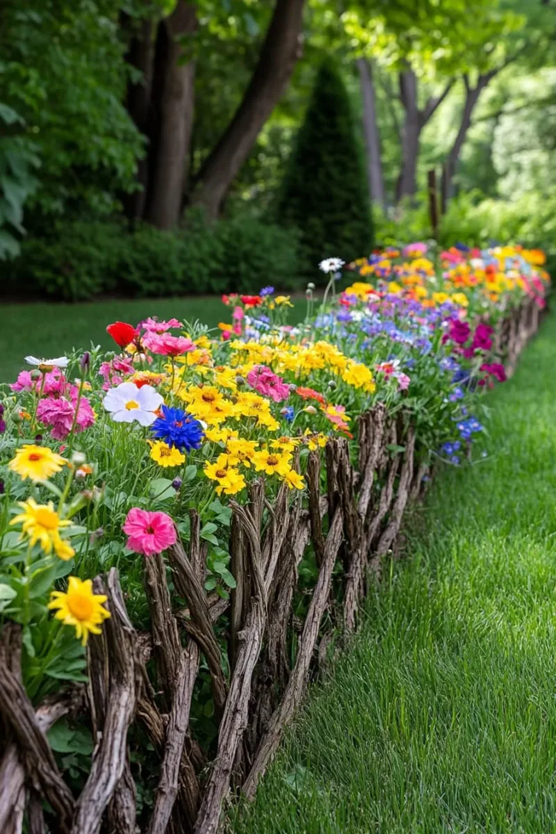 27 Unique Backyard Privacy Designs for A Serene Outdoor Oasis 48 rustic willow branch fence with wildflower beds 1