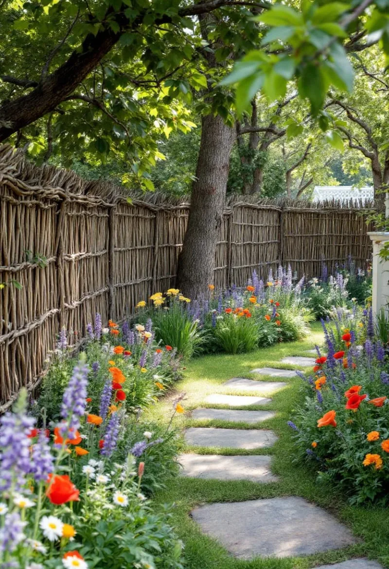 27 Unique Backyard Privacy Designs for A Serene Outdoor Oasis 49 rustic willow branch fence with wildflower beds 1