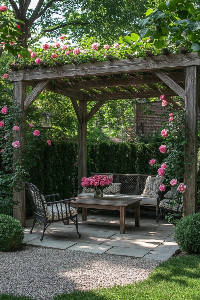 rustic wood pergola with climbing roses and vintage outdoor seating 1