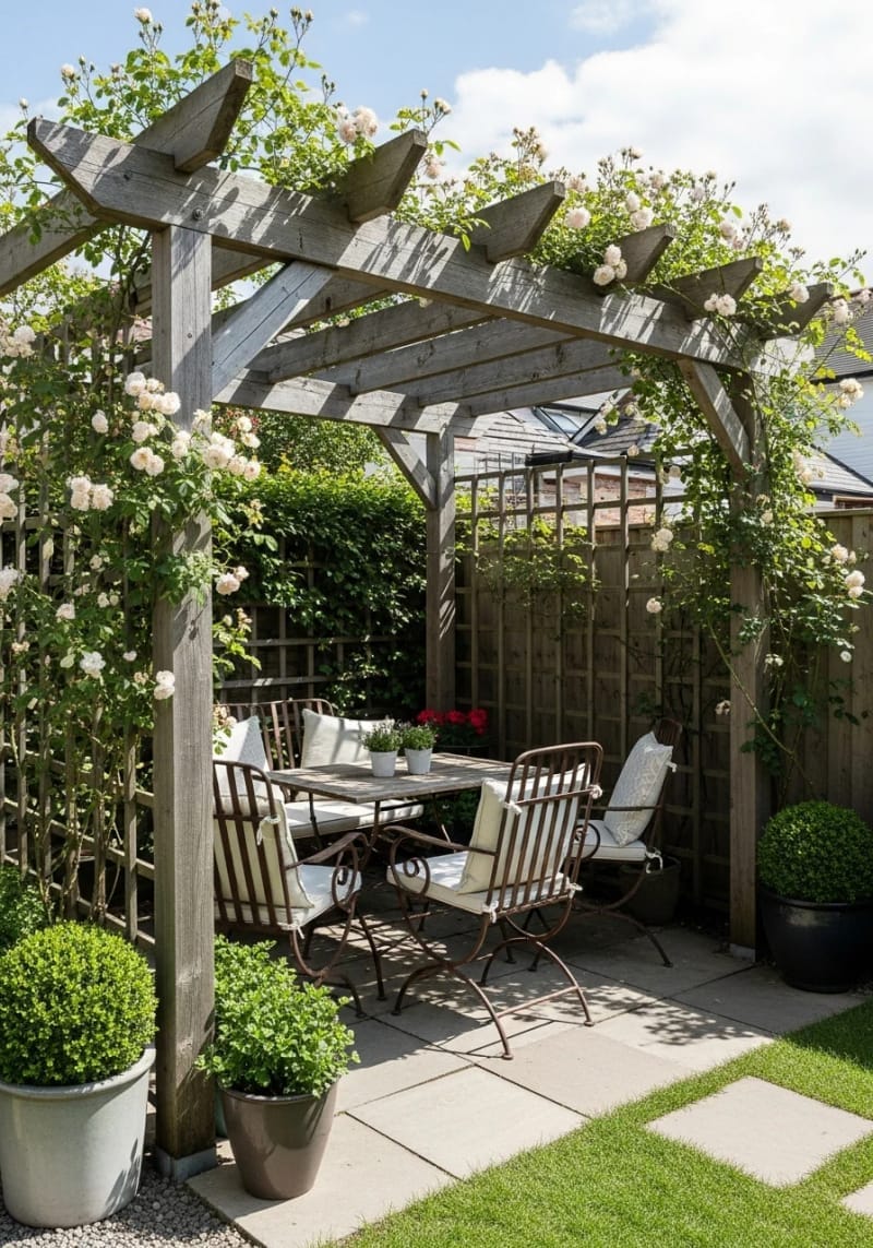 rustic wood pergola with climbing roses and vintage outdoor seating 1