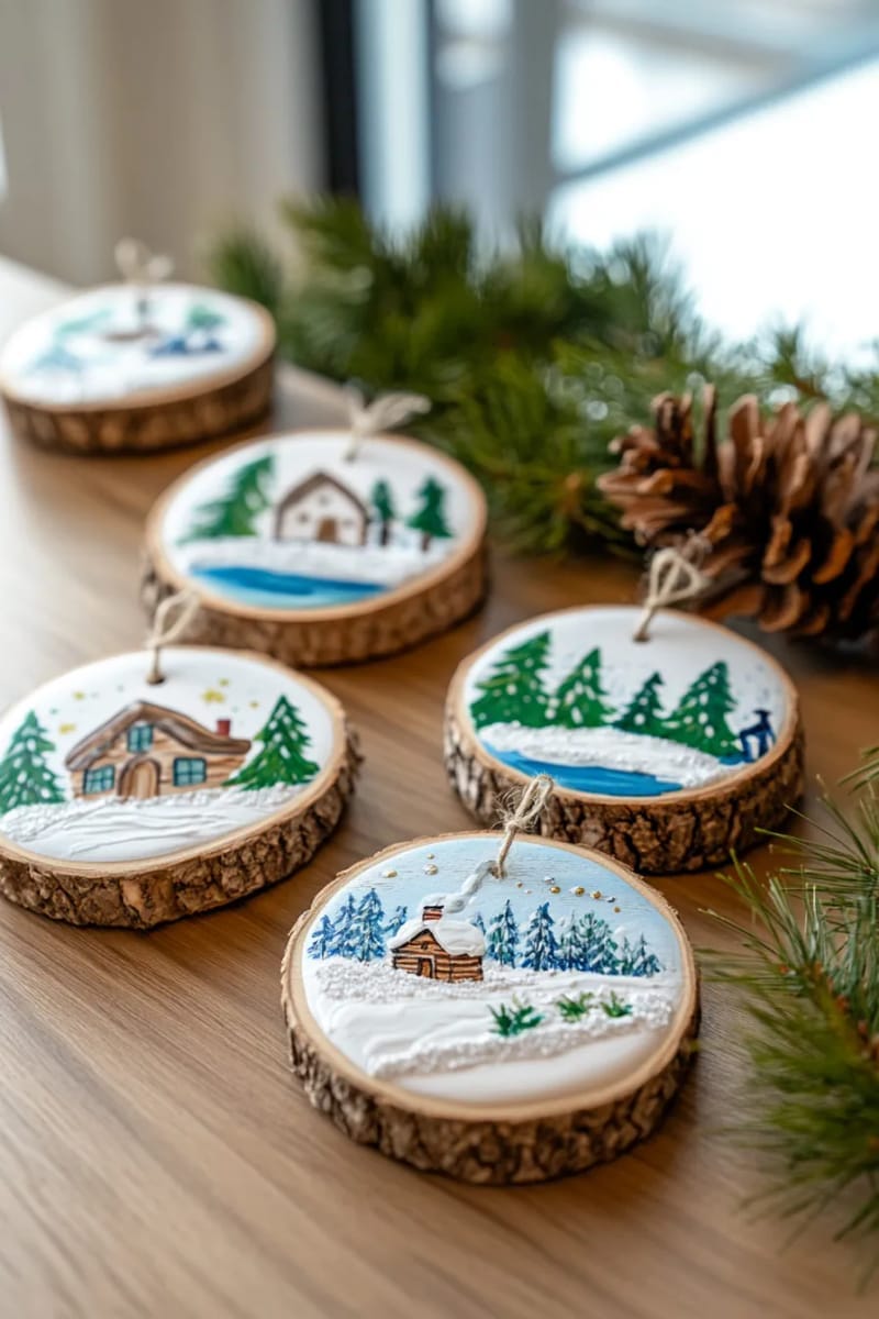 rustic wood slice ornaments with hand-painted winter scenes 1