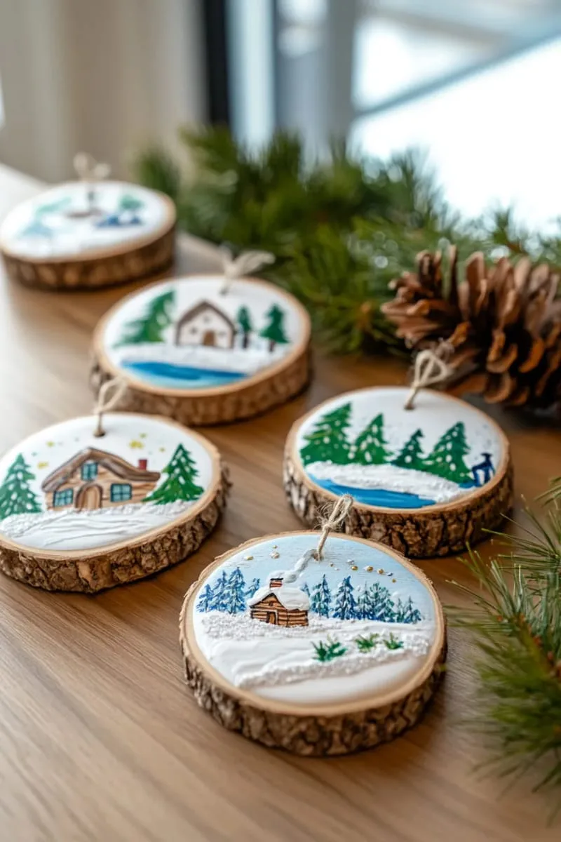 31 Trendy Christmas Decor Ideas for a Magical Home 49 rustic wood slice ornaments with hand-painted winter scenes 1