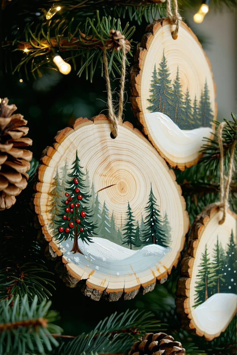 rustic wood slice ornaments with hand-painted winter scenes 1
