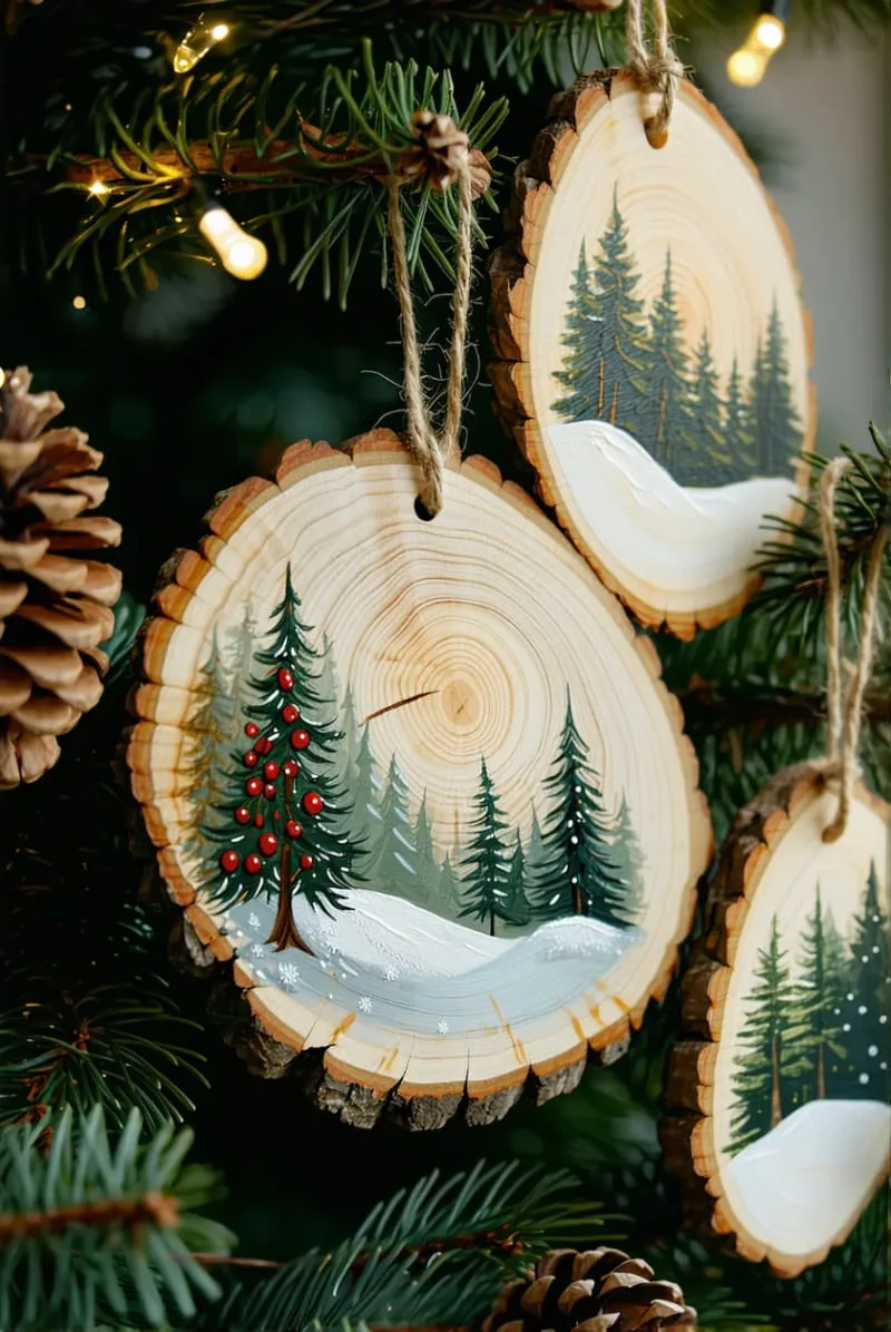 31 Trendy Christmas Decor Ideas for a Magical Home 50 rustic wood slice ornaments with hand-painted winter scenes 1