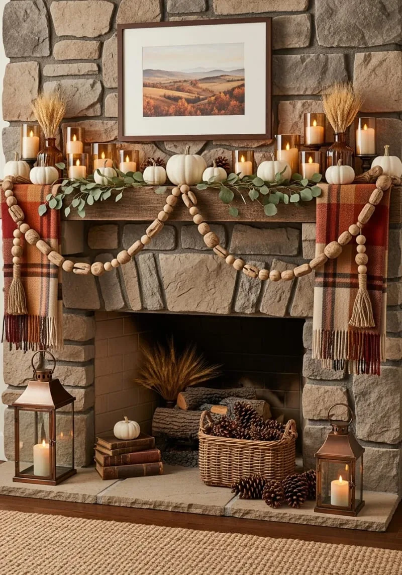 rustic wooden beads draped across a mantle with cozy plaid throws 1