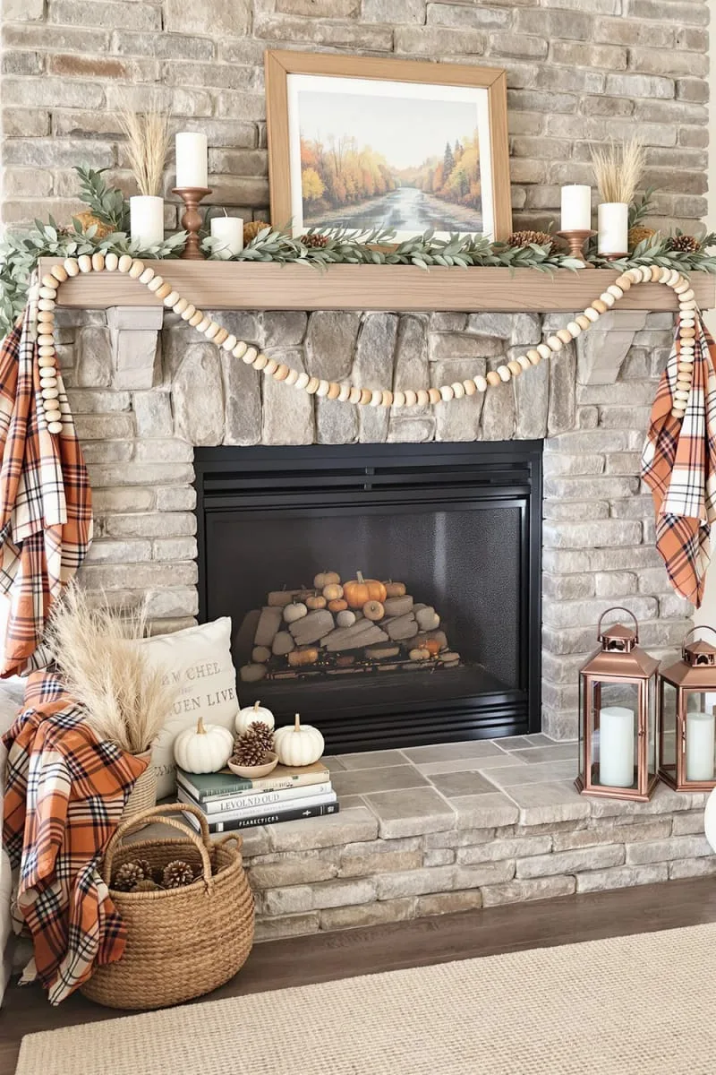 rustic wooden beads draped across a mantle with cozy plaid throws 1