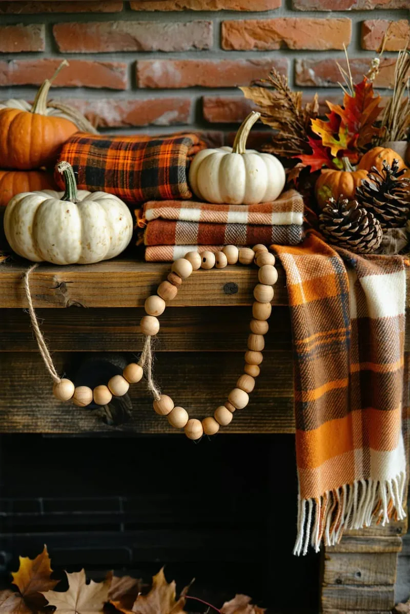 rustic wooden beads draped across a mantle with cozy plaid throws 1