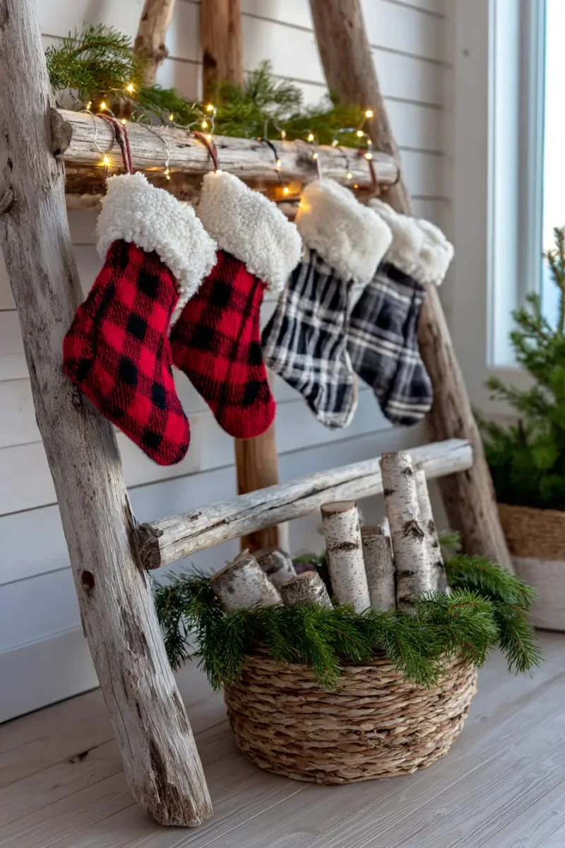 rustic wooden ladder with plaid stockings and fairy lights 1