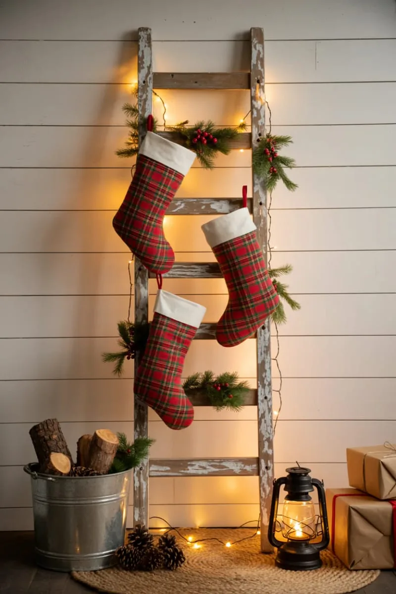 rustic wooden ladder with plaid stockings and fairy lights 1
