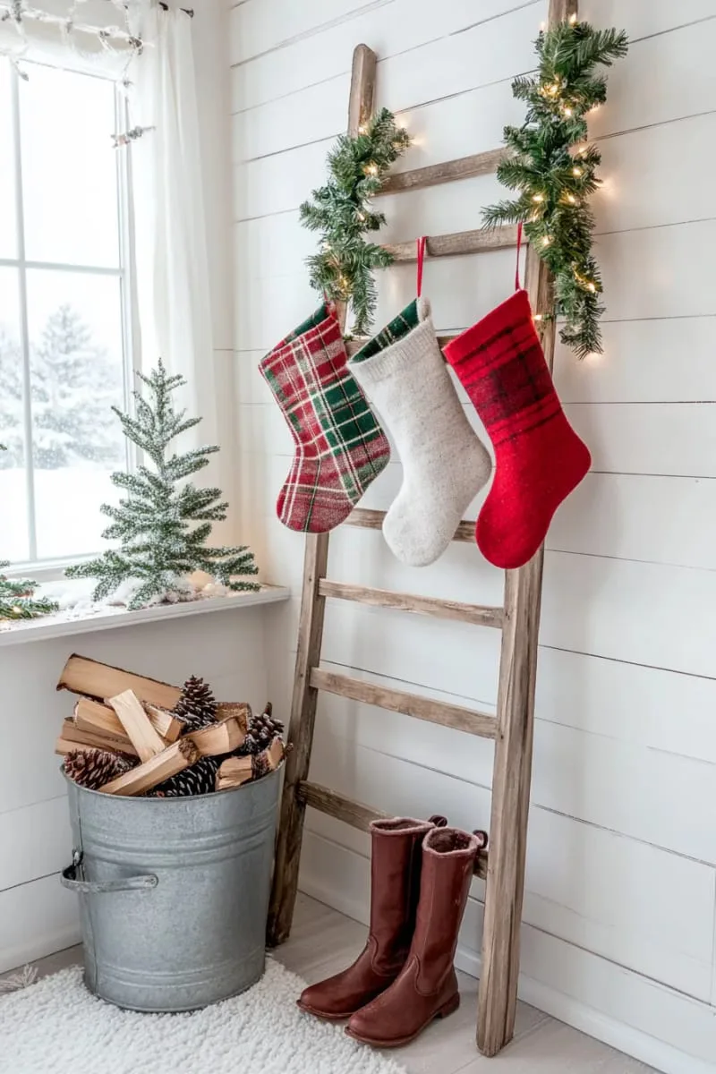 rustic wooden ladder with plaid stockings and fairy lights 1