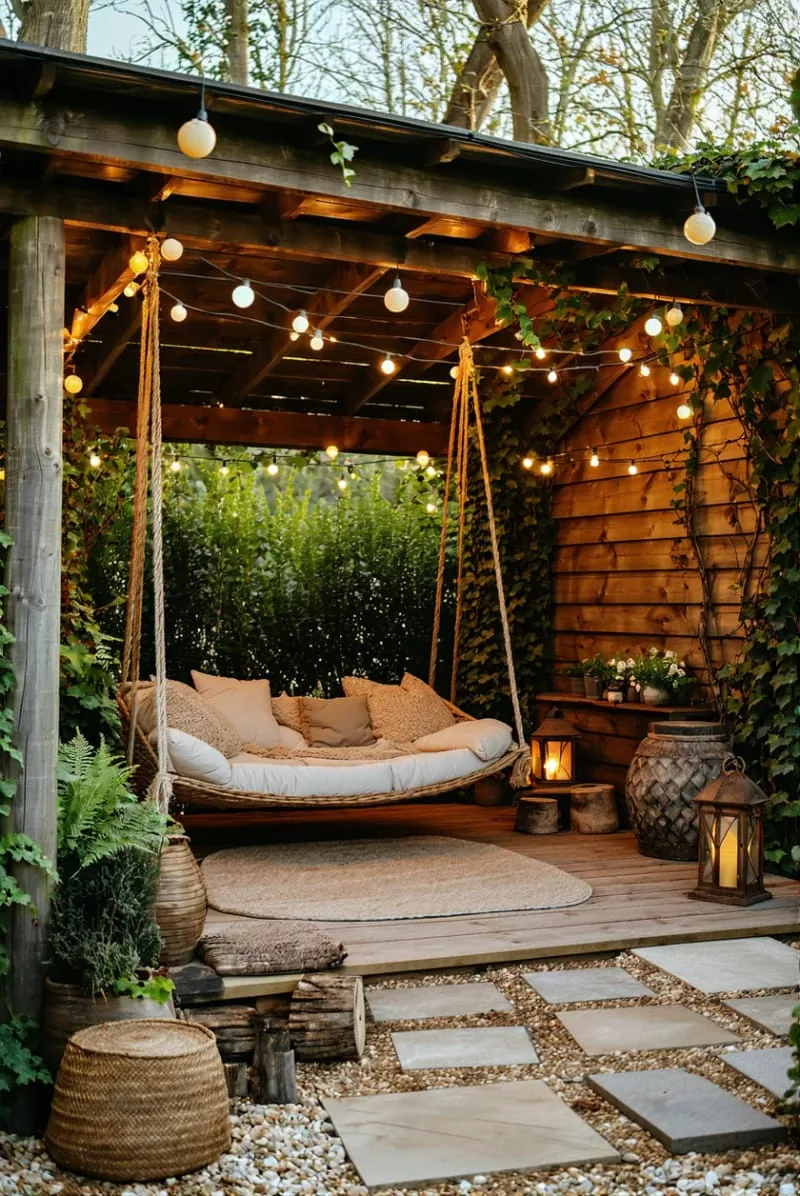 19 Inspiring Backyard Pavilion Ideas: Unique Designs You Can't Miss 8 rustic wooden pavilion with string lights and a hanging swing bed 1