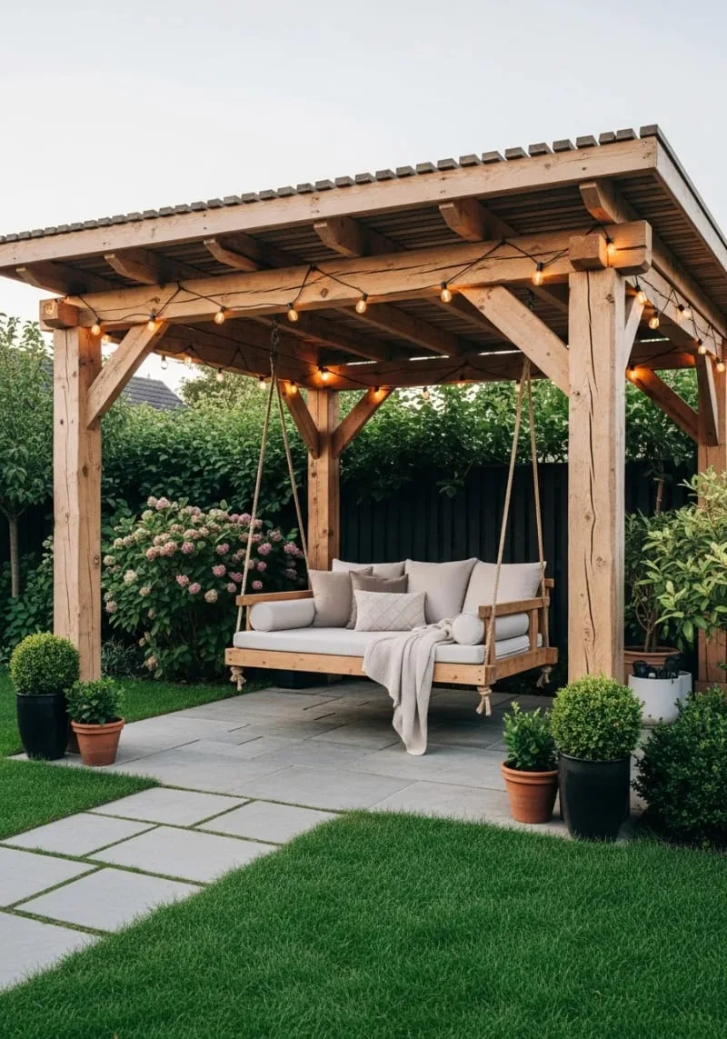 19 Inspiring Backyard Pavilion Ideas: Unique Designs You Can't Miss 9 rustic wooden pavilion with string lights and a hanging swing bed 1