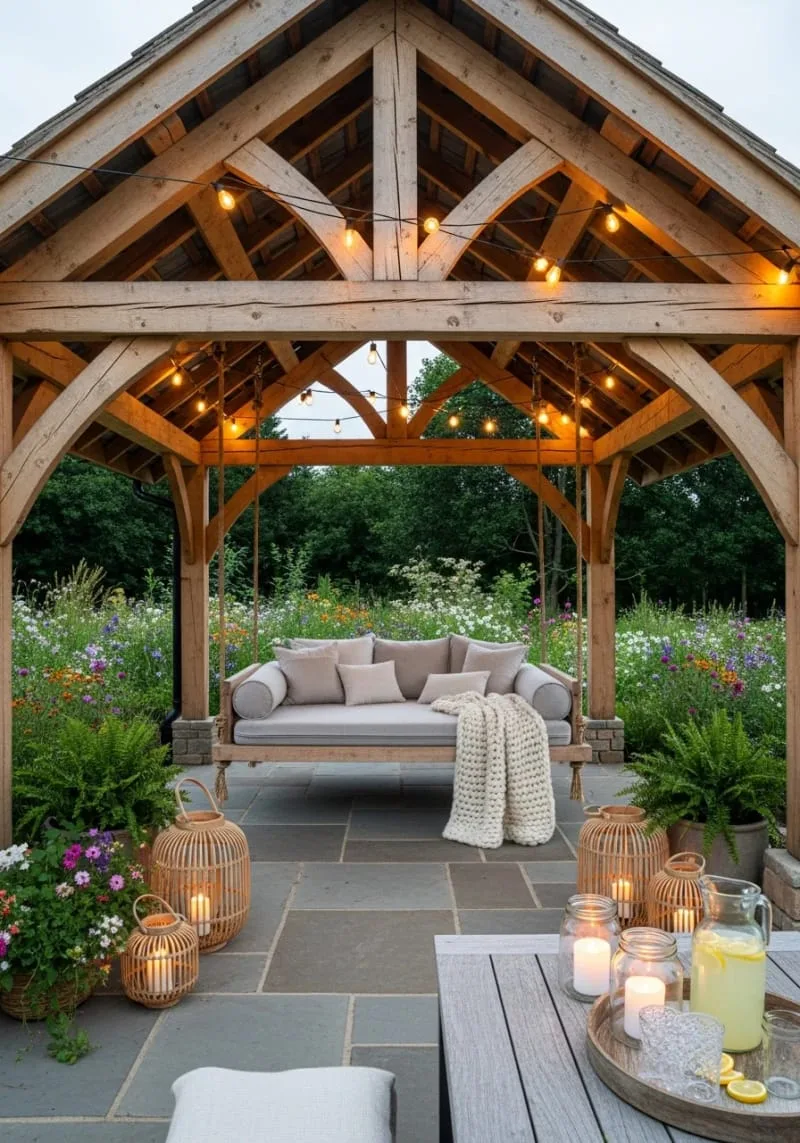 19 Inspiring Backyard Pavilion Ideas: Unique Designs You Can't Miss 10 rustic wooden pavilion with string lights and a hanging swing bed 1