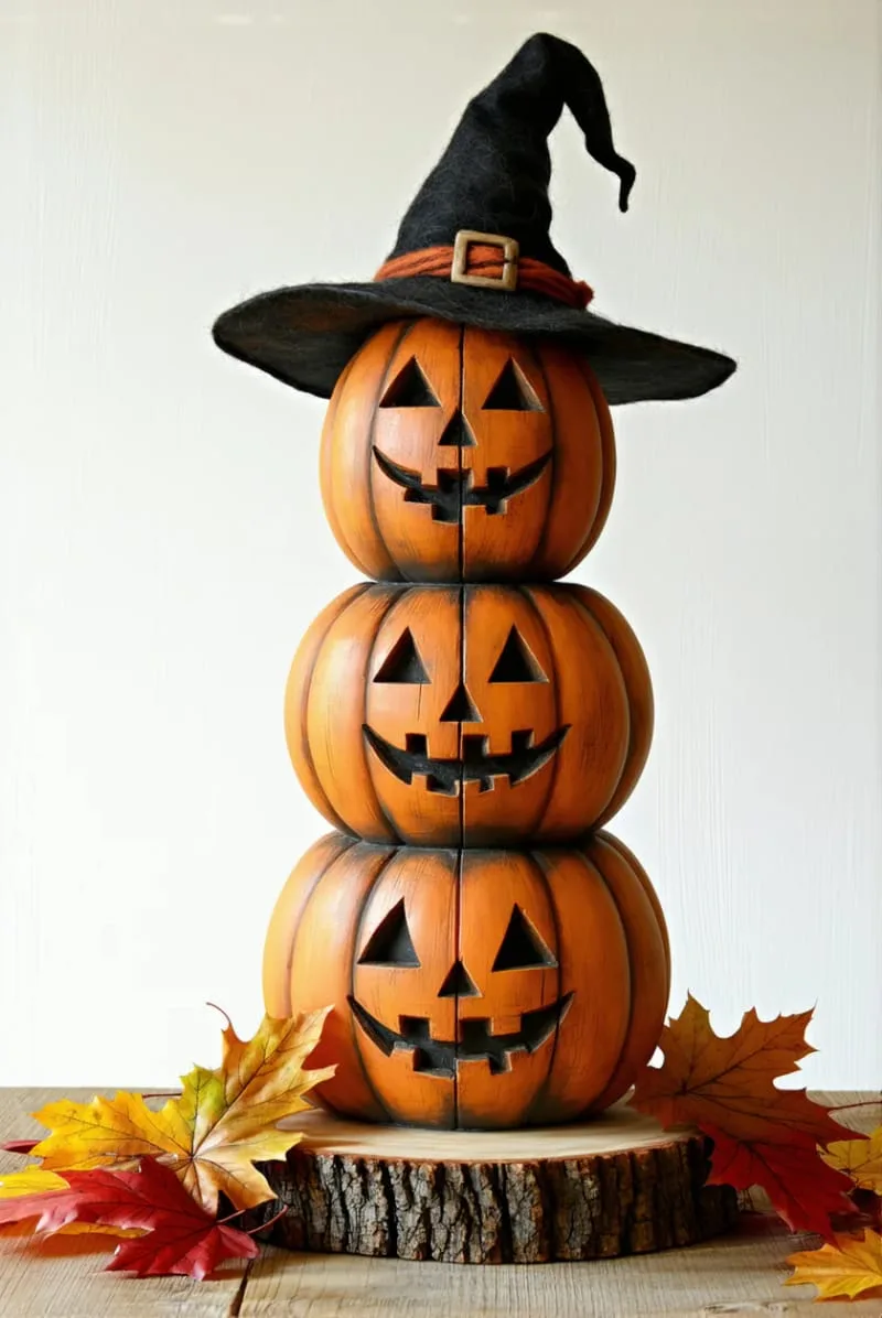 rustic wooden pumpkin tower with a witch’s hat accent 1