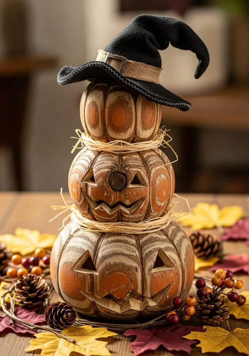 rustic wooden pumpkin tower with a witch’s hat accent 1