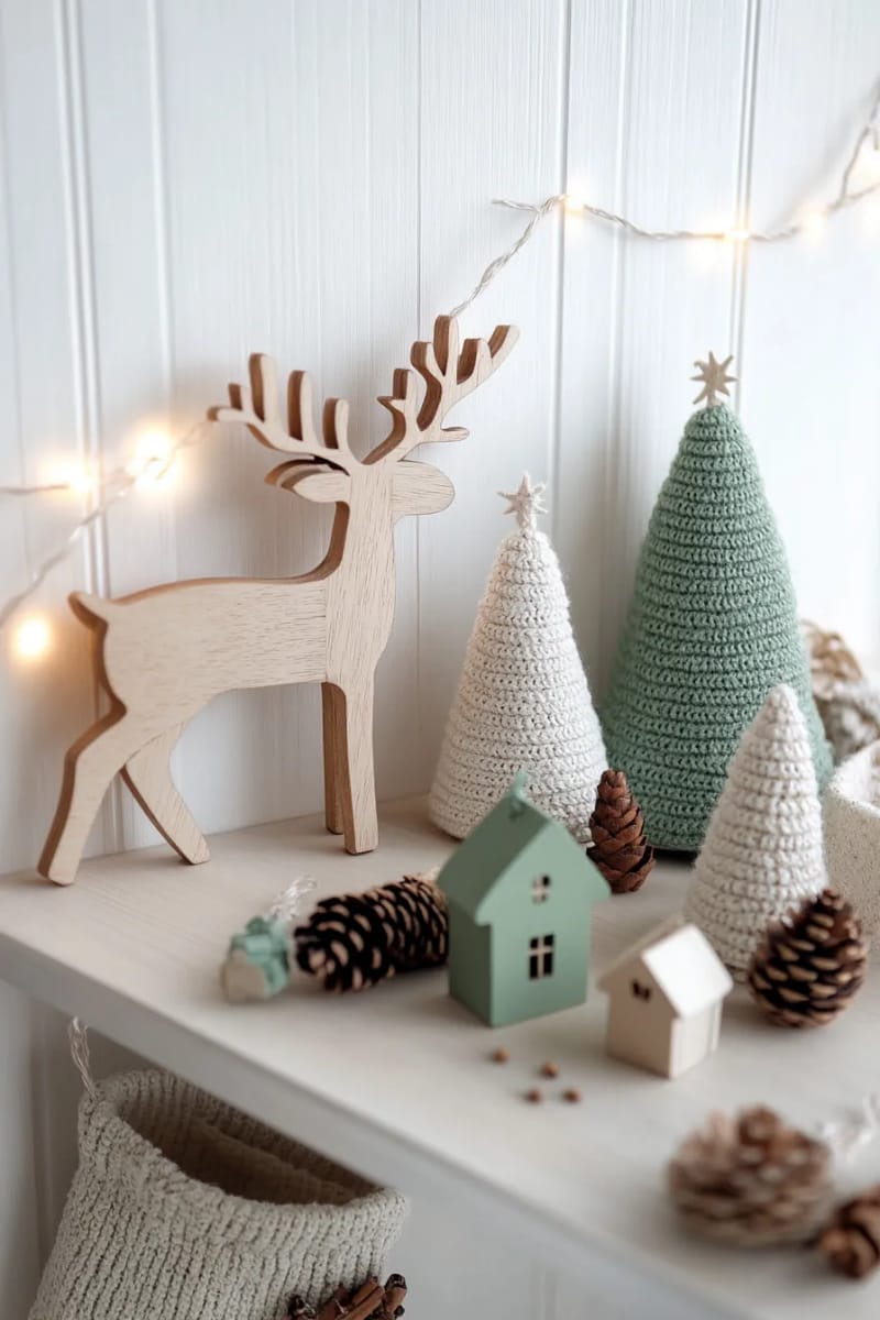rustic wooden reindeer and cone trees on a scandinavian shelf 1