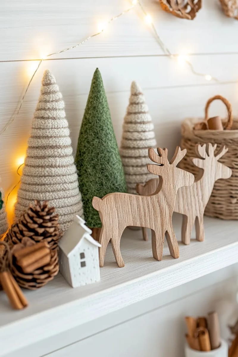 rustic wooden reindeer and cone trees on a scandinavian shelf 1