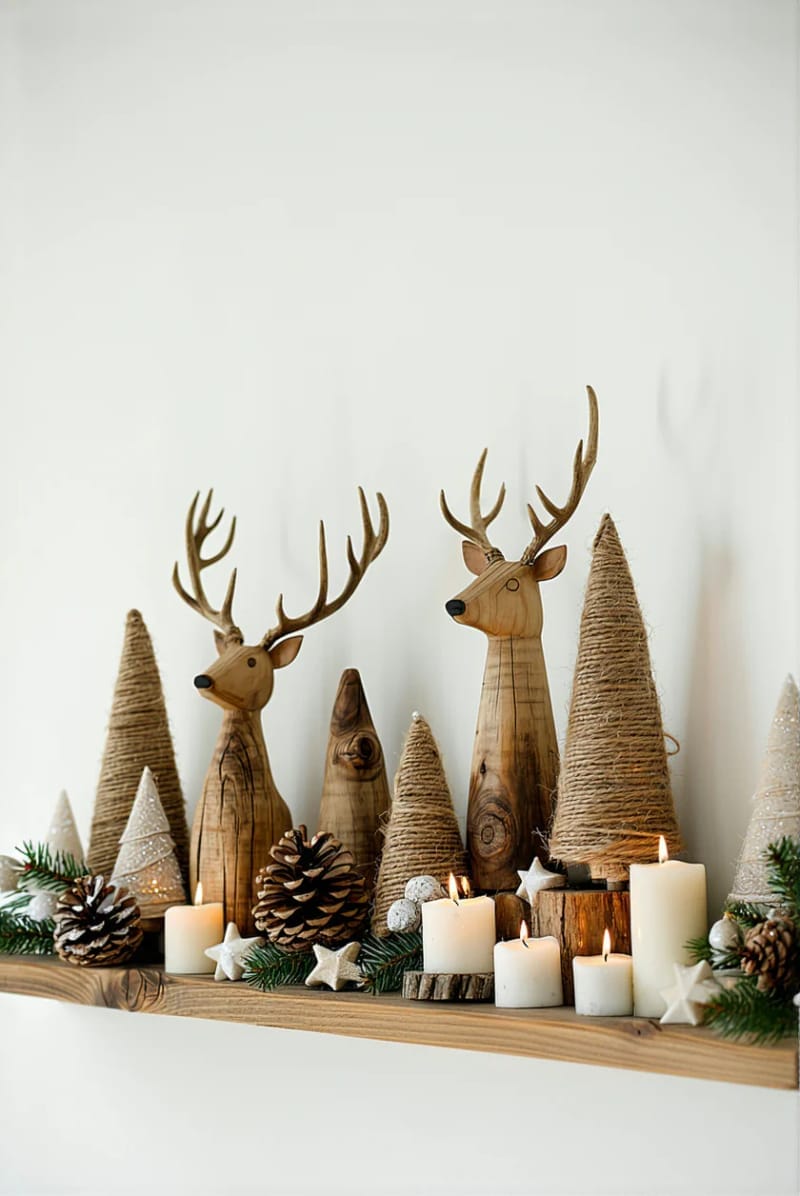rustic wooden reindeer and cone trees on a scandinavian shelf 1