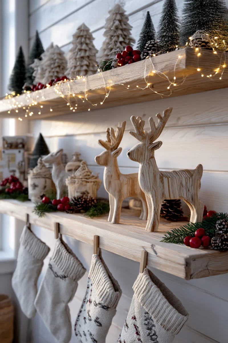 rustic wooden reindeer and cone trees on a scandinavian shelf 1
