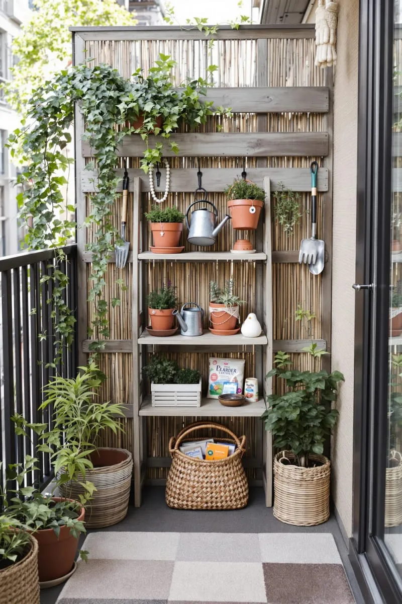 rustic wooden shelving for balcony gardening essentials 1