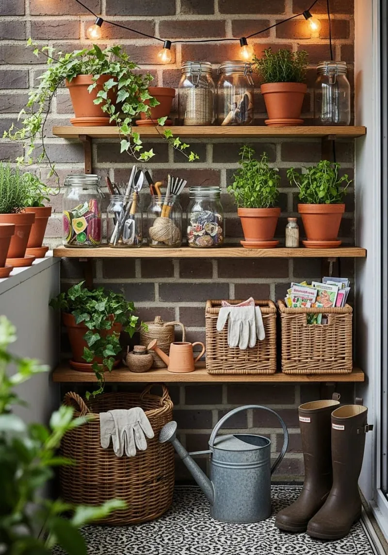 rustic wooden shelving for balcony gardening essentials 1