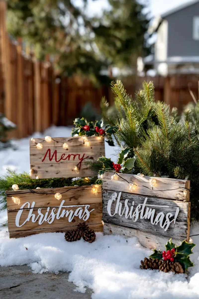 rustic wooden signboards with hand-painted christmas greetings 1