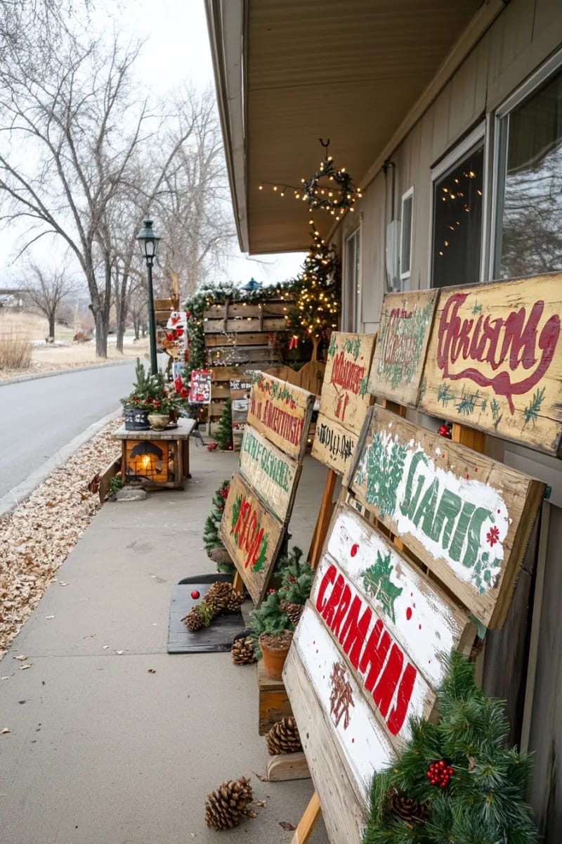 31 Outdoor Christmas Decorations: Ideas for a Magical Welcome 70 rustic wooden signboards with hand-painted christmas greetings 1