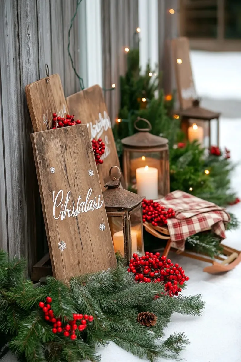 rustic wooden signboards with hand-painted christmas greetings 1