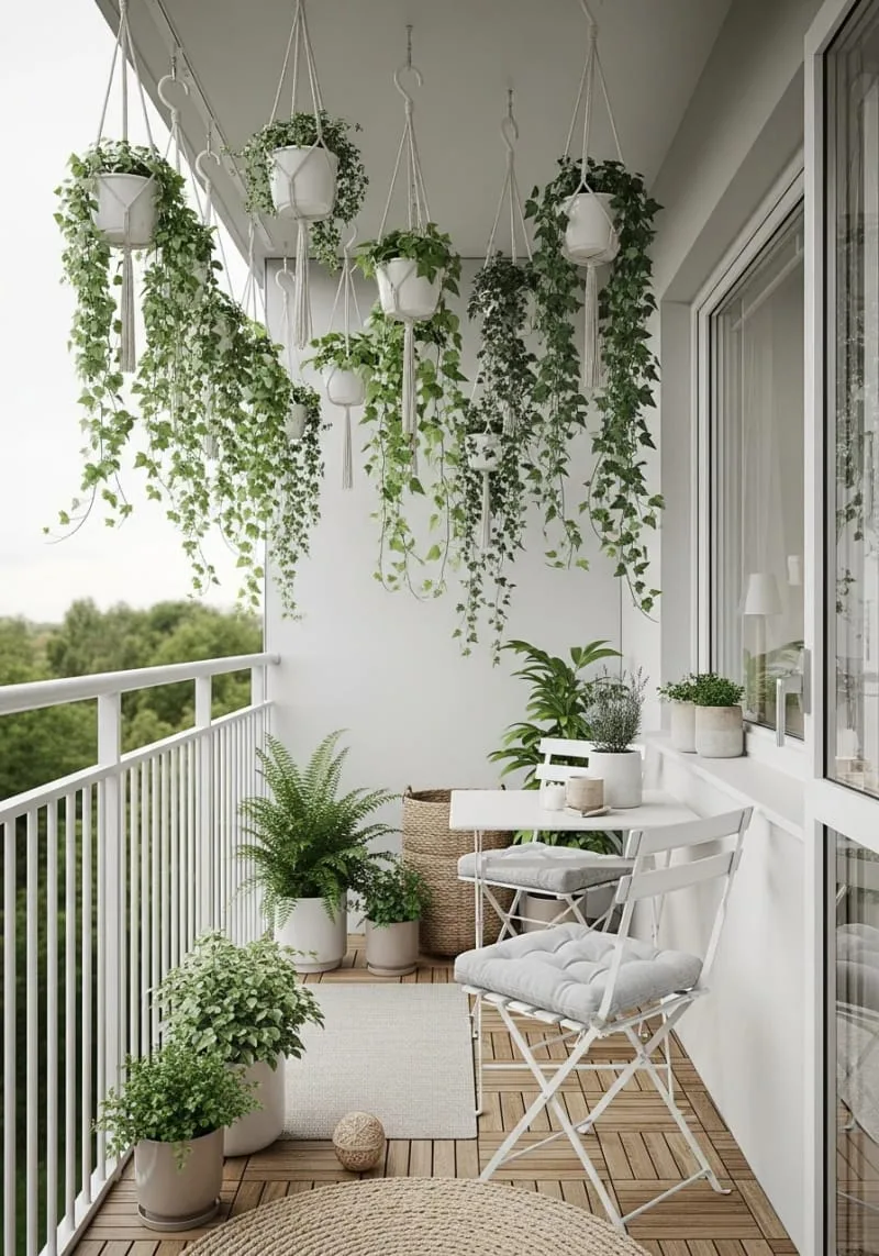 scandinavian-inspired balcony with white ceramic plant hangers 1