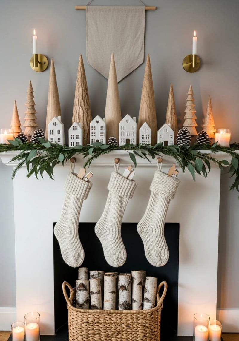 scandinavian-inspired mantel with neutral decor and wooden trees 1