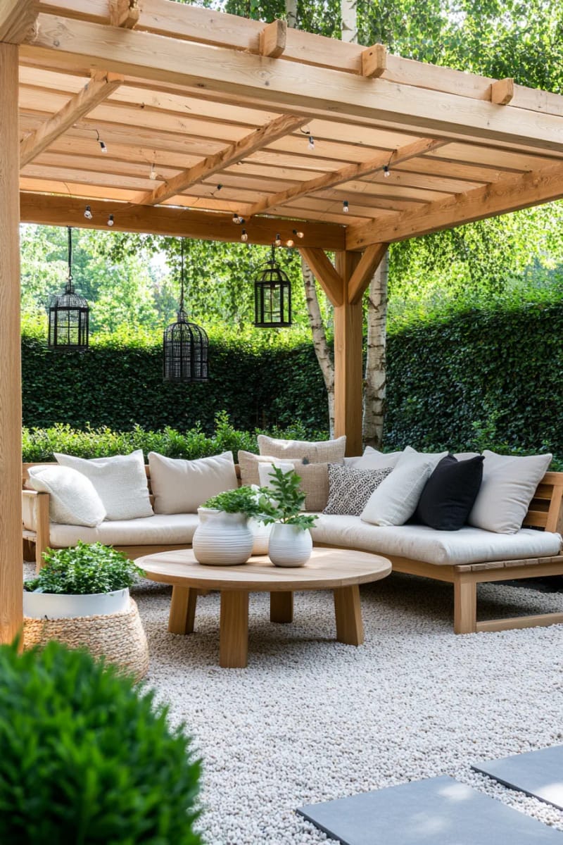 scandinavian-inspired pergola with light wood and neutral cushions 1