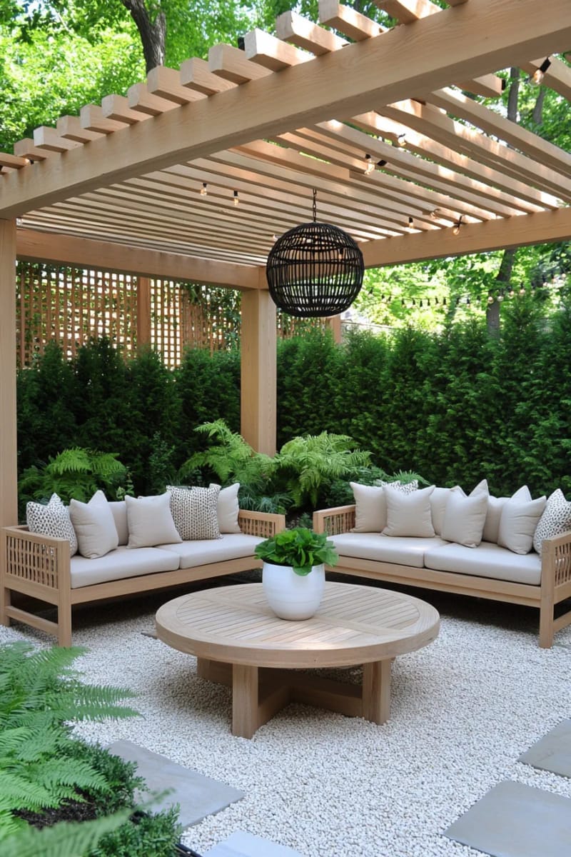 scandinavian-inspired pergola with light wood and neutral cushions 1