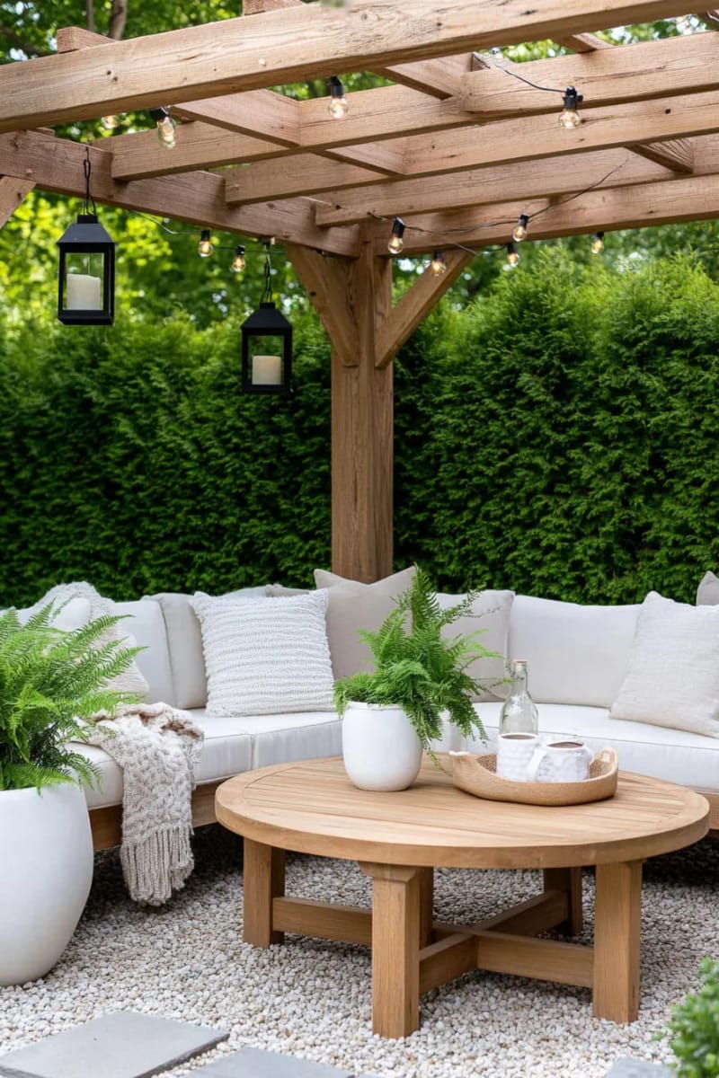 scandinavian-inspired pergola with light wood and neutral cushions 1