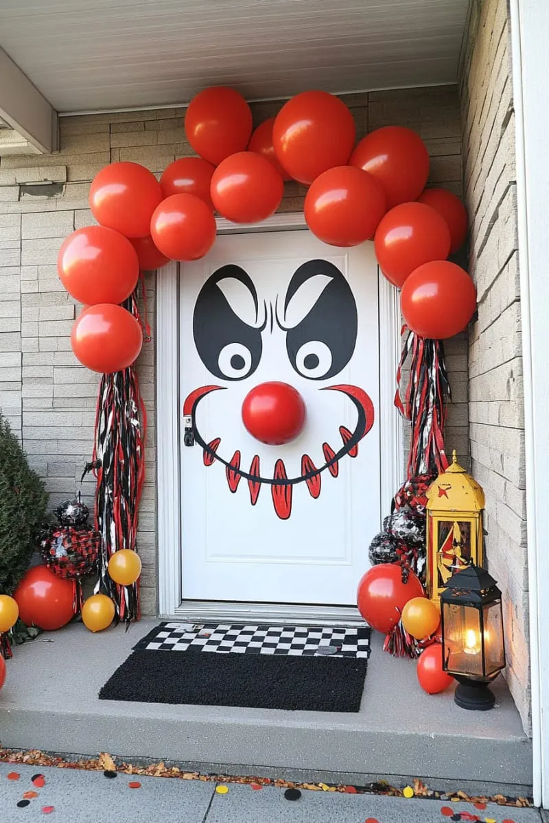 21 Creative Halloween Door Decorations: Ideas for a Festive Welcome 64 scary clown face made of painted cardboard and red balloons 1