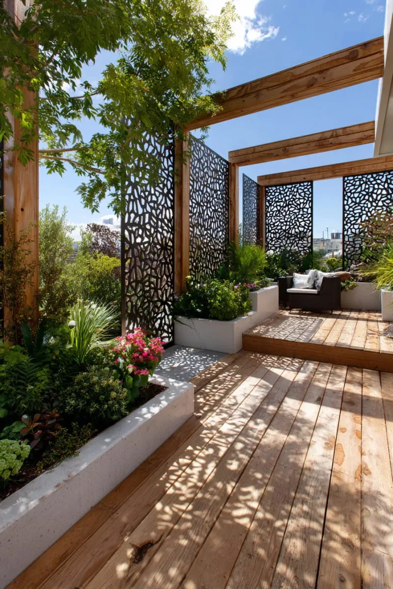 27 Unique Backyard Privacy Designs for A Serene Outdoor Oasis 20 sculptural metal screens with laser-cut botanical designs 1
