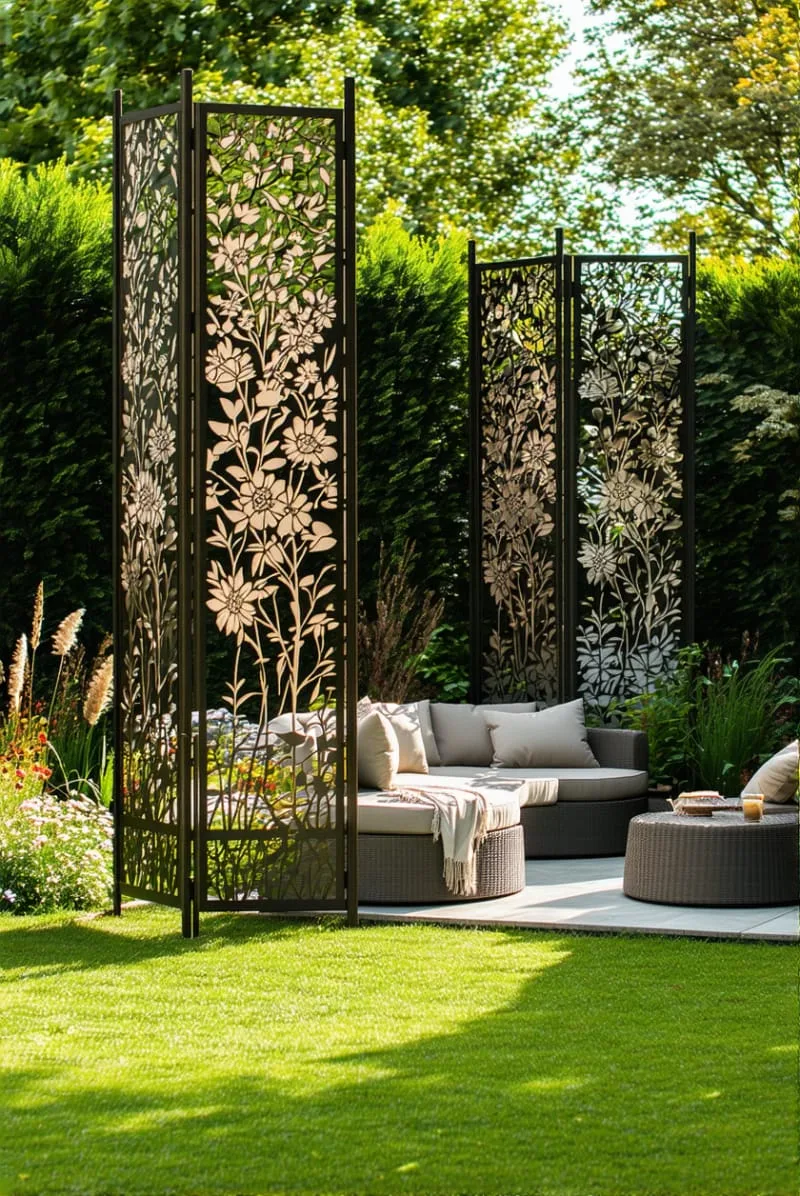 27 Unique Backyard Privacy Designs for A Serene Outdoor Oasis 21 sculptural metal screens with laser-cut botanical designs 1