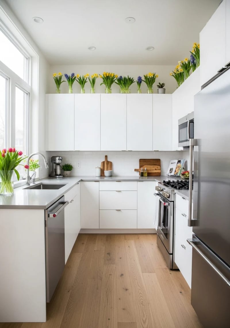 seasonal greenery like spring flowers arranged above kitchen cabinets 1