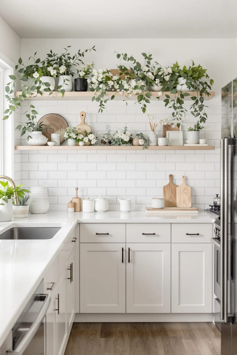 seasonal greenery like spring flowers arranged above kitchen cabinets 1