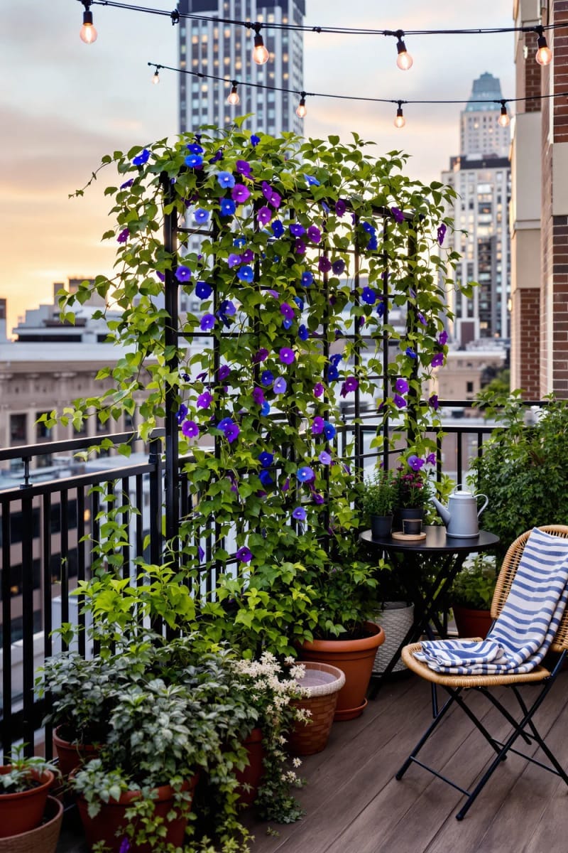 set up a small balcony trellis for climbing beans and morning glories 1