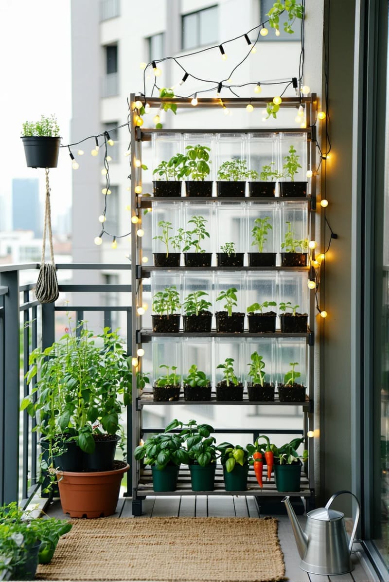 set up a tiny balcony greenhouse with clear containers and mini veggies 1